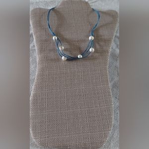 Handmade White Pearl & Metallic Blue Leather Necklace